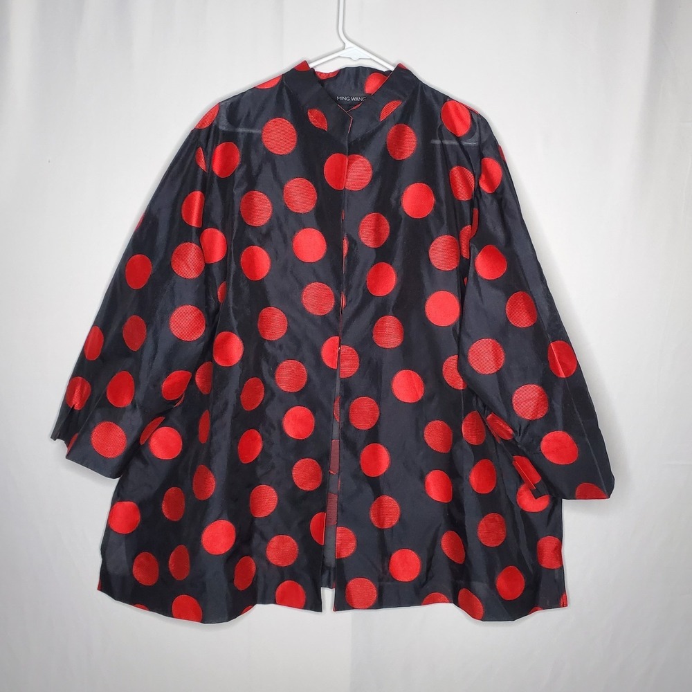 Ming Wang Jacket Women 3X Black Red Polka Dot‎ Artsy Lagenlook 3/4 Sleeve